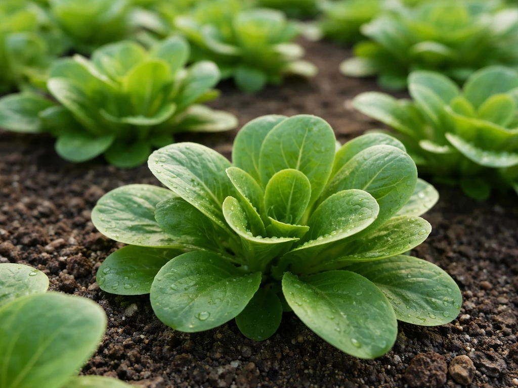 Close-up of small mache lettuce rosettes growing in a cool-season garden bed.