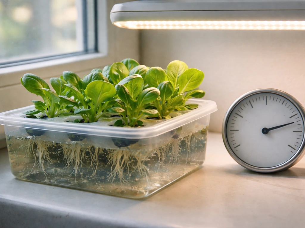 Indoor mache growing under grow lights with a nearby thermometer reading cool temperatures.