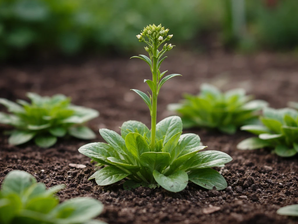 Bolting mache plant with a tall flower stalk rising above nearby low rosette plants.