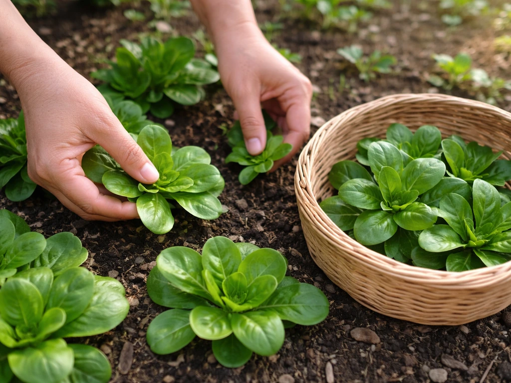 Hands harvesting small mache rosettes with crisp outer leaves, placing them into a basket.