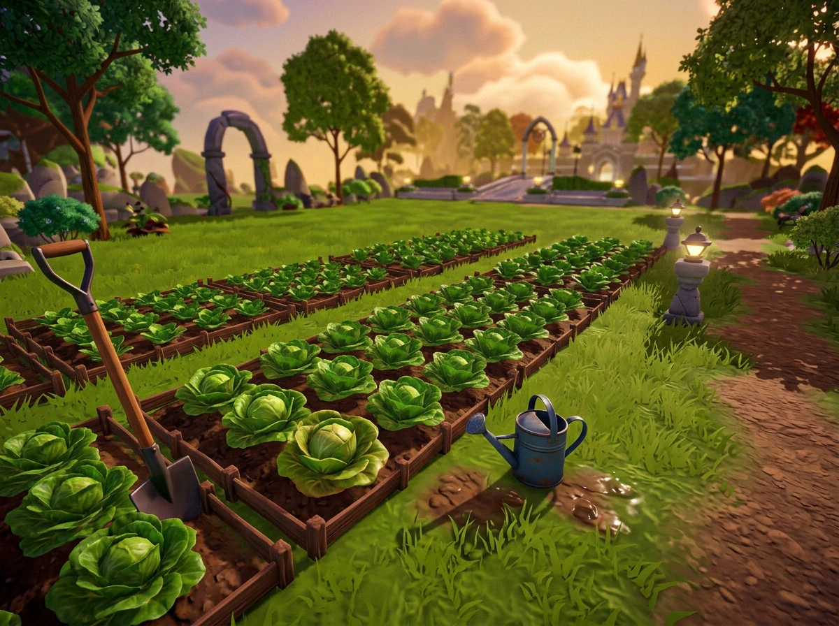 Lettuce crop plots in Dreamlight Valley’s Peaceful Meadow with real-time harvesting readiness vibe