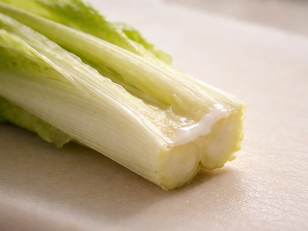 Close-up of freshly cut lettuce stem with milky sap on exposed interior, showing where bitterness concentrates