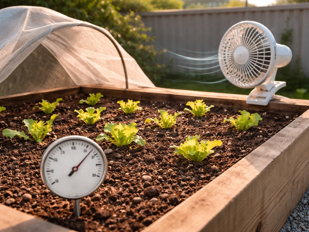 Raised lettuce bed outdoors with a thermometer stake, gentle airflow fan, and shade cloth in morning light.