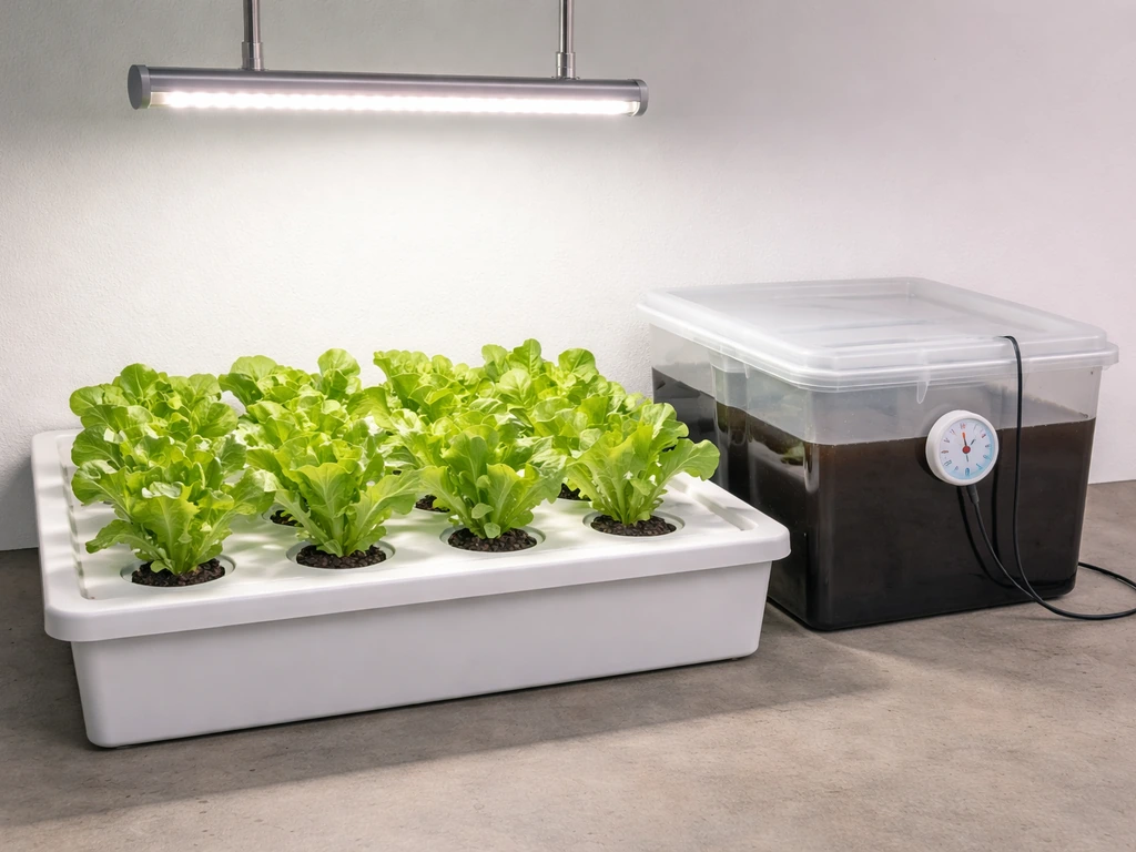 Grow light over hydroponic lettuce with a nutrient tank and a simple temperature gauge