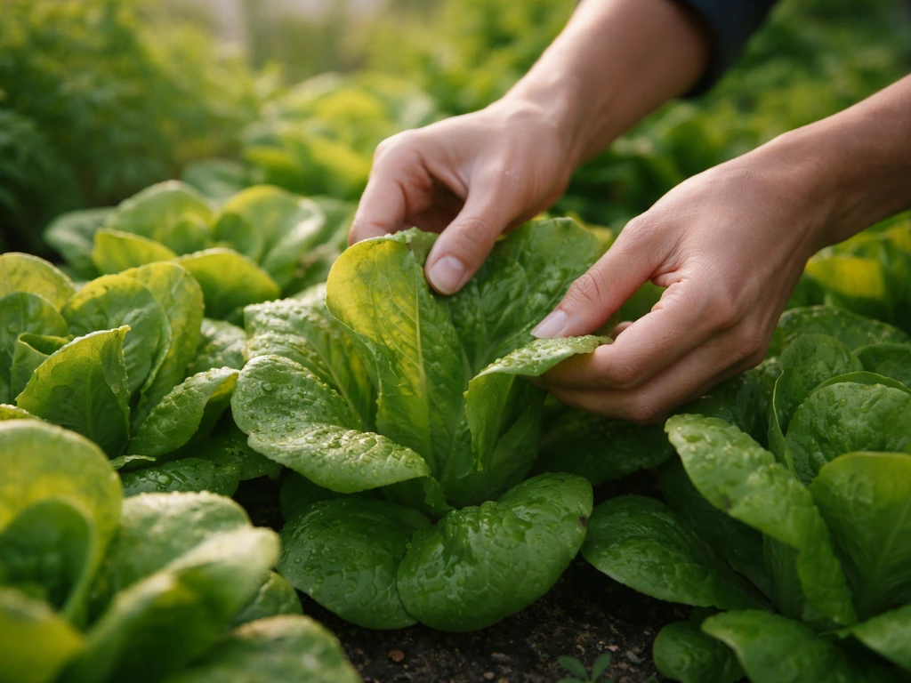 Dewy sweet lettuce leaves being harvested in the morning, hands picking outer leaves while center regrows