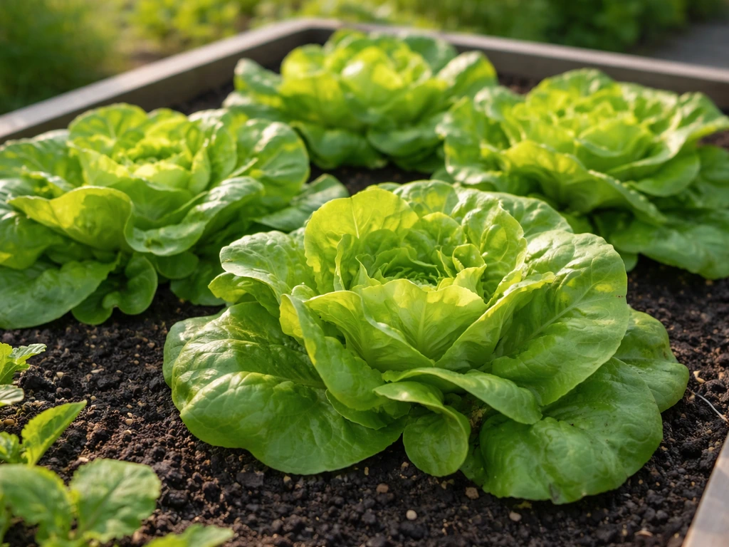 Fresh butter lettuce loose heads growing in a small raised garden bed in morning light.