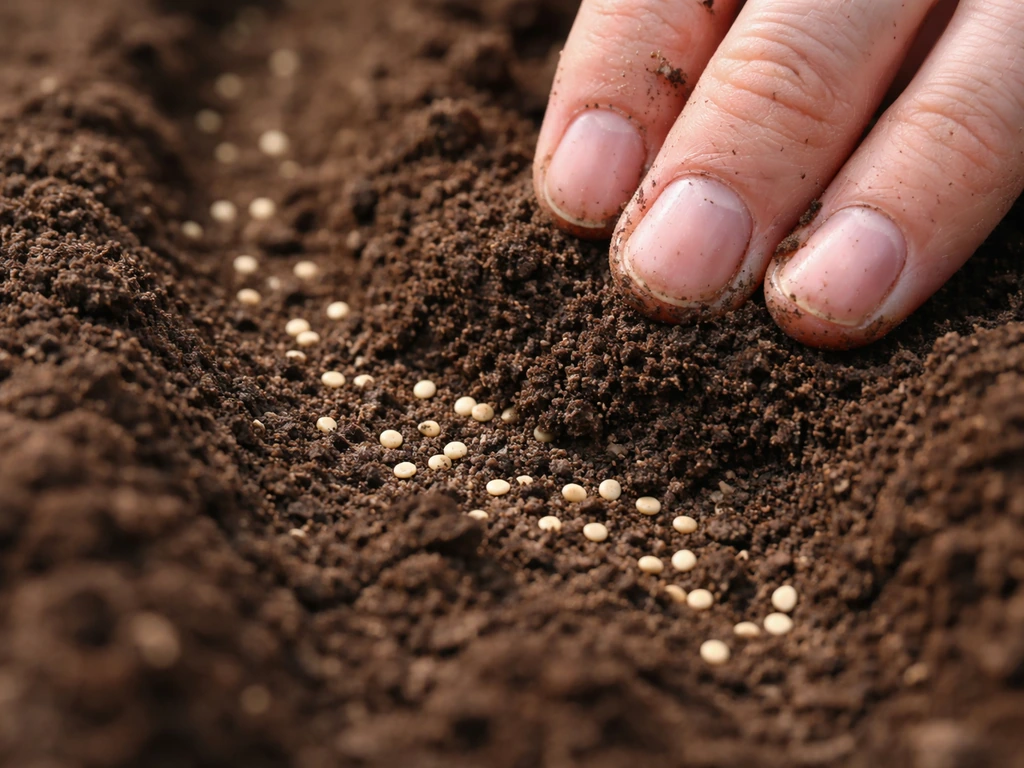 Close-up of butter lettuce seeds shallowly pressed into moist soil and lightly covered