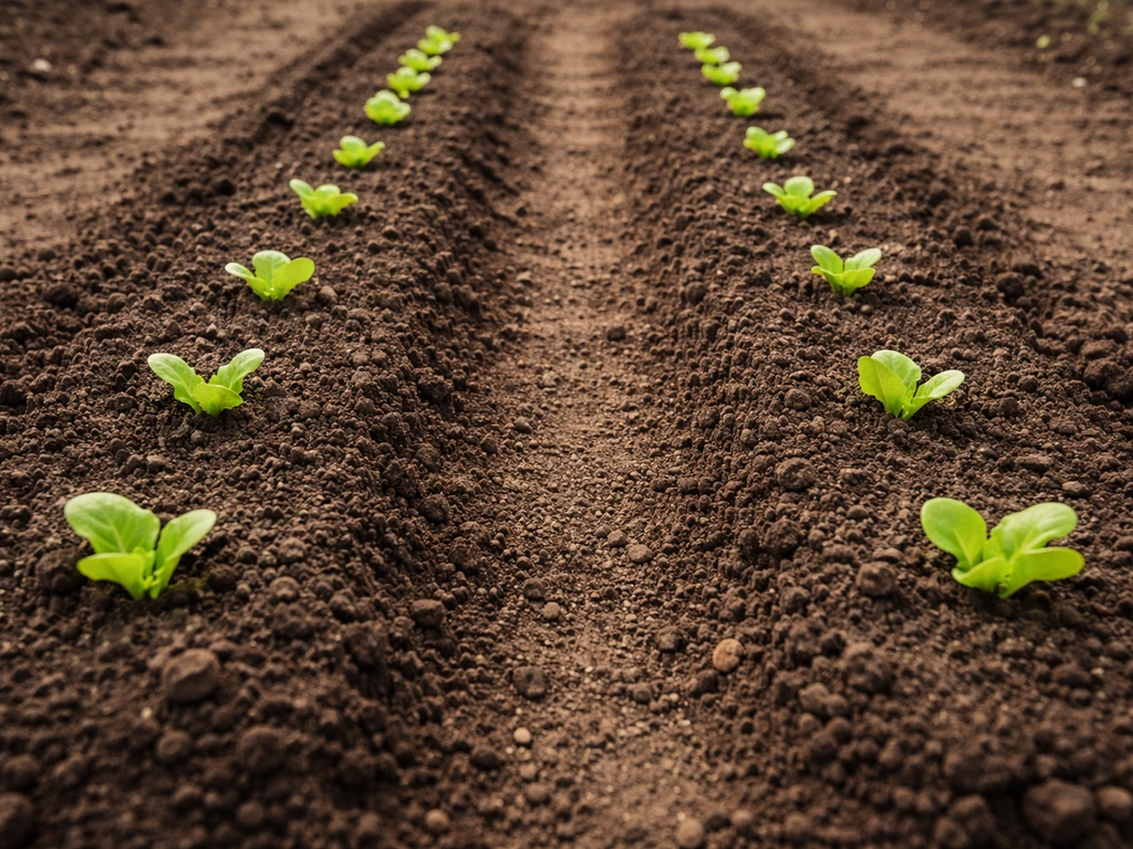 Garden bed rows with shallow furrows and evenly spaced butter lettuce seedlings showing within- and between-row spacing.