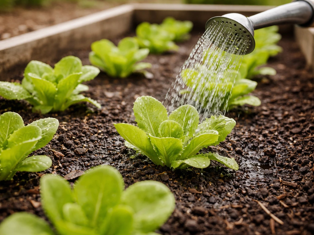 Butter lettuce seedlings being gently watered with a watering can, moist soil in a small garden bed.