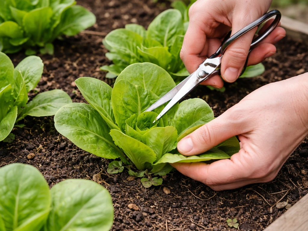 Hands snip outer baby butter lettuce leaves with clean scissors while the center keeps growing.