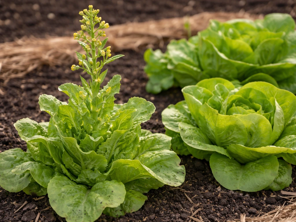 Close-up of butter lettuce with a tall bolting stem beside cooler, leafier plants in soft natural light.
