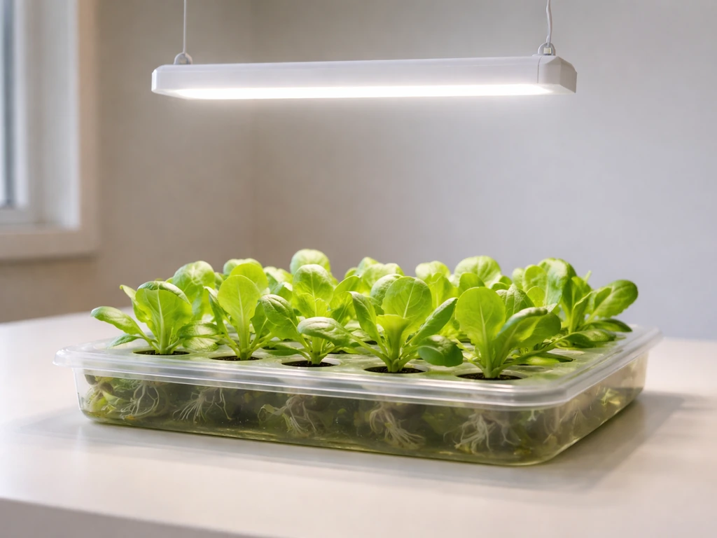 Butter lettuce seedlings under a white grow light in a simple indoor setup