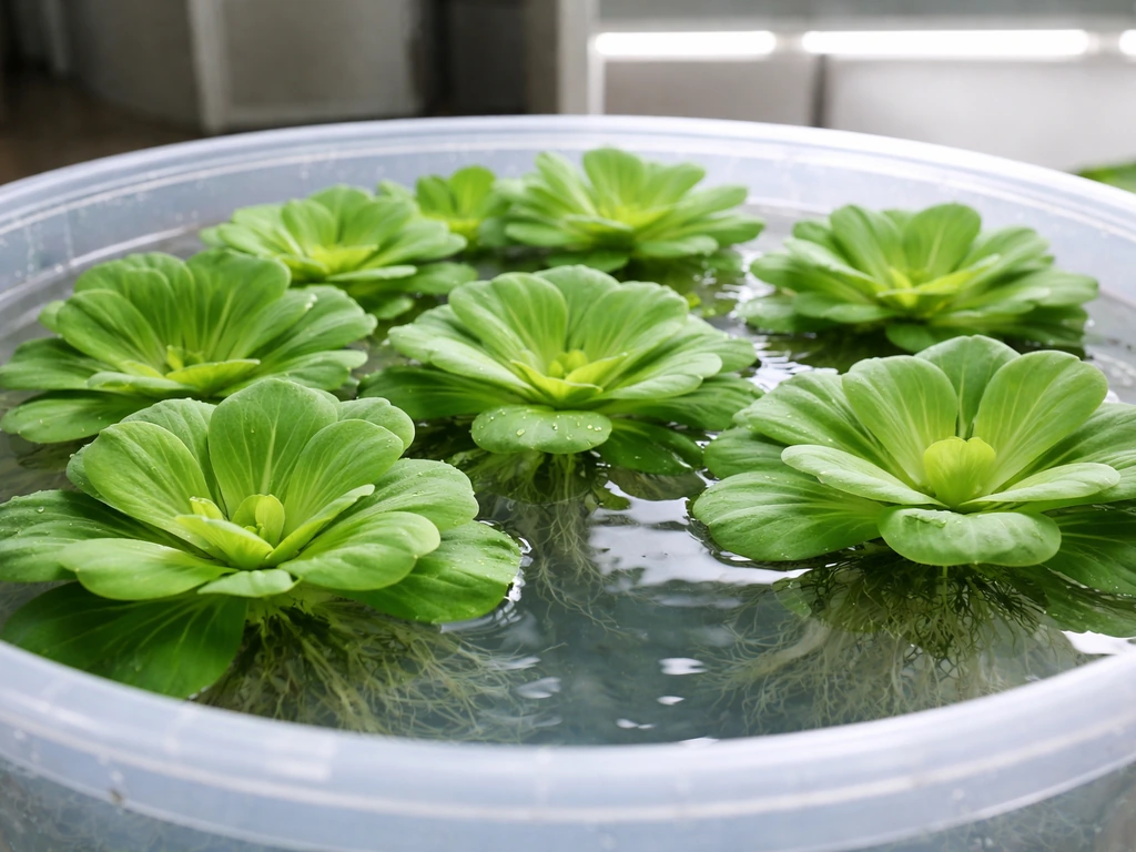 Healthy water lettuce rosettes thriving in a clean indoor bucket under grow lights