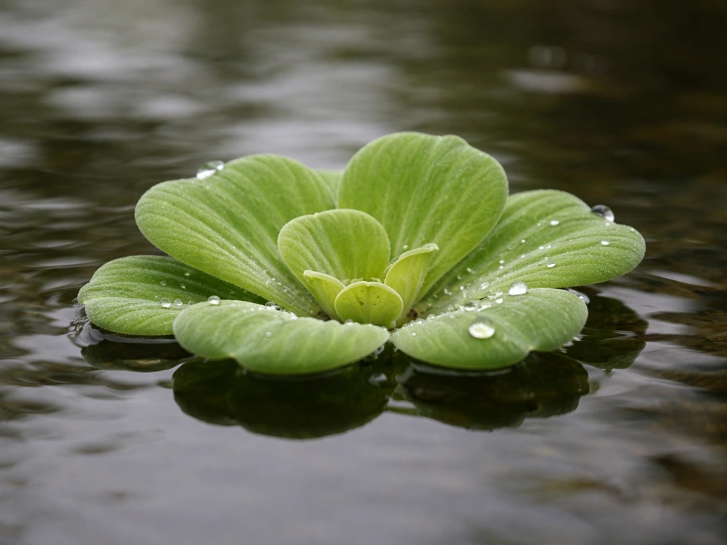 Close-up of water lettuce rosette floating on pond water, showing ribbed light-green leaves.