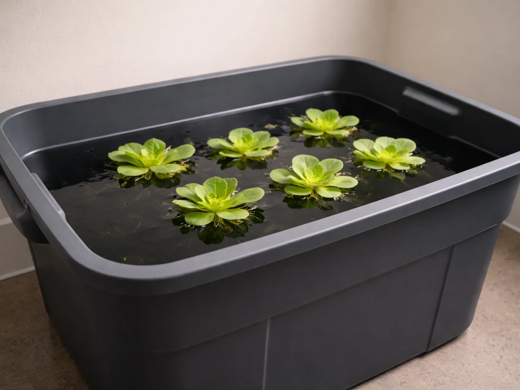 Dark opaque storage tub filled with water lettuce floating on top in a simple indoor hydroponic setup.