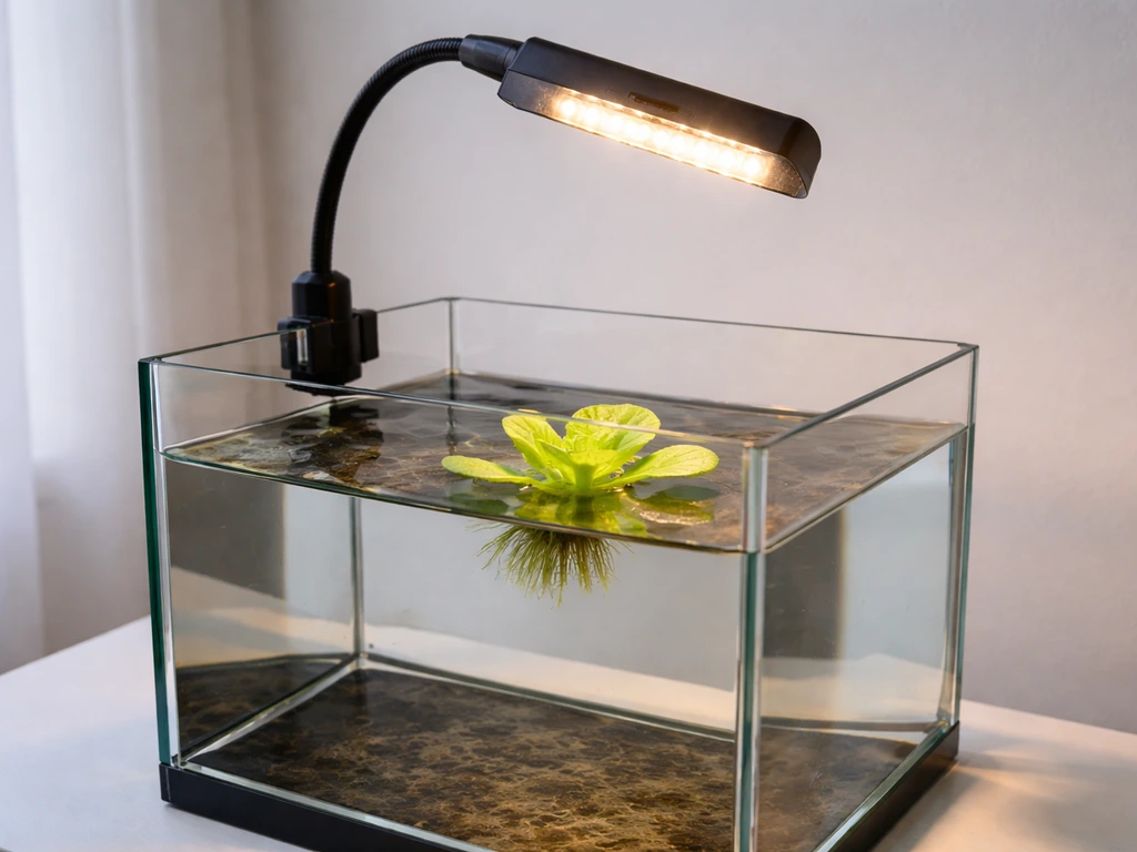 Water lettuce floating under a full-spectrum LED grow light above an indoor aquarium.