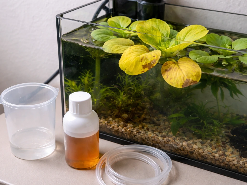 Water lettuce in an aquarium with yellow leaves, with a nutrient bottle and measuring cup nearby.