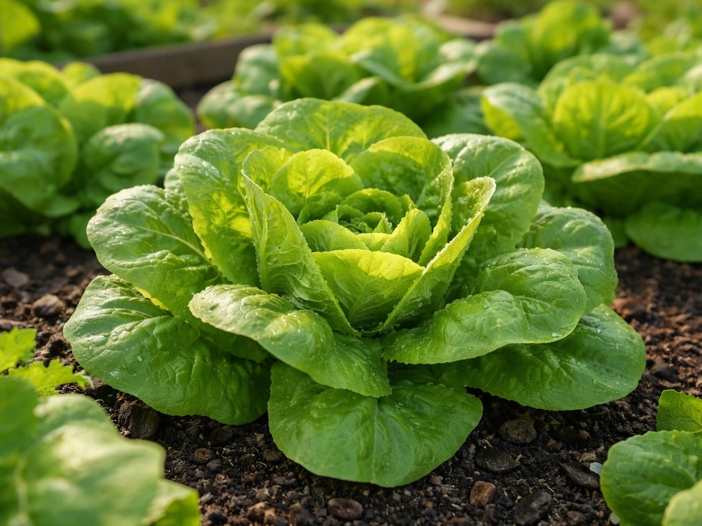 Lush semi-head Manoa lettuce growing in a home garden bed, fresh green leaves in natural light.