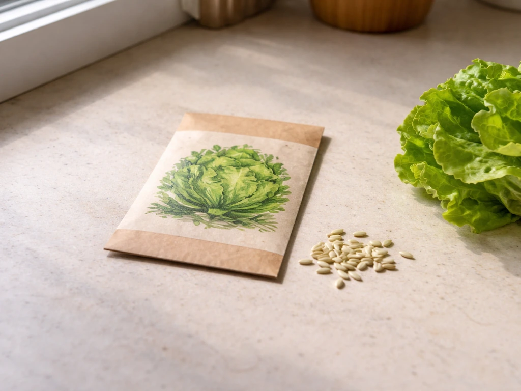 Seed packets and a few loose lettuce seeds on a kitchen counter with a small head of green lettuce.