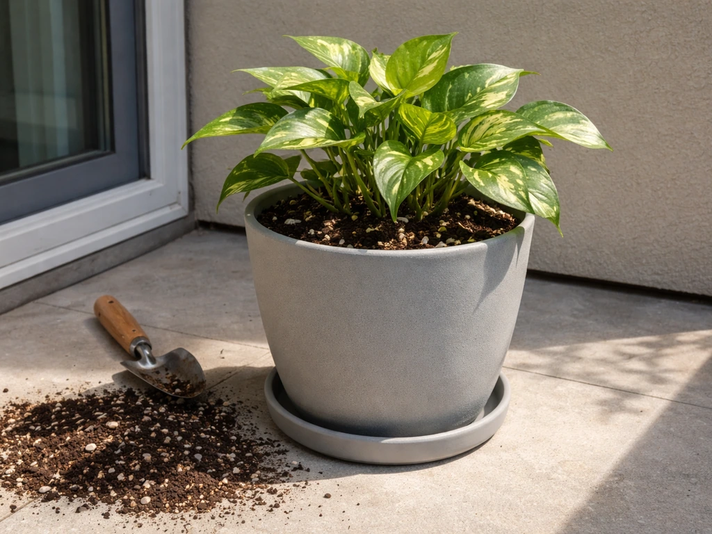 Large potted plant in a deep container with potting mix nearby, positioned between light and shade.