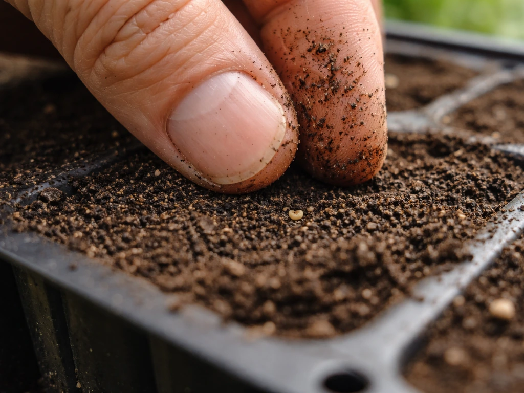 Close-up of a hand pressing a tiny lettuce seed onto shallow soil surface in a seed tray.