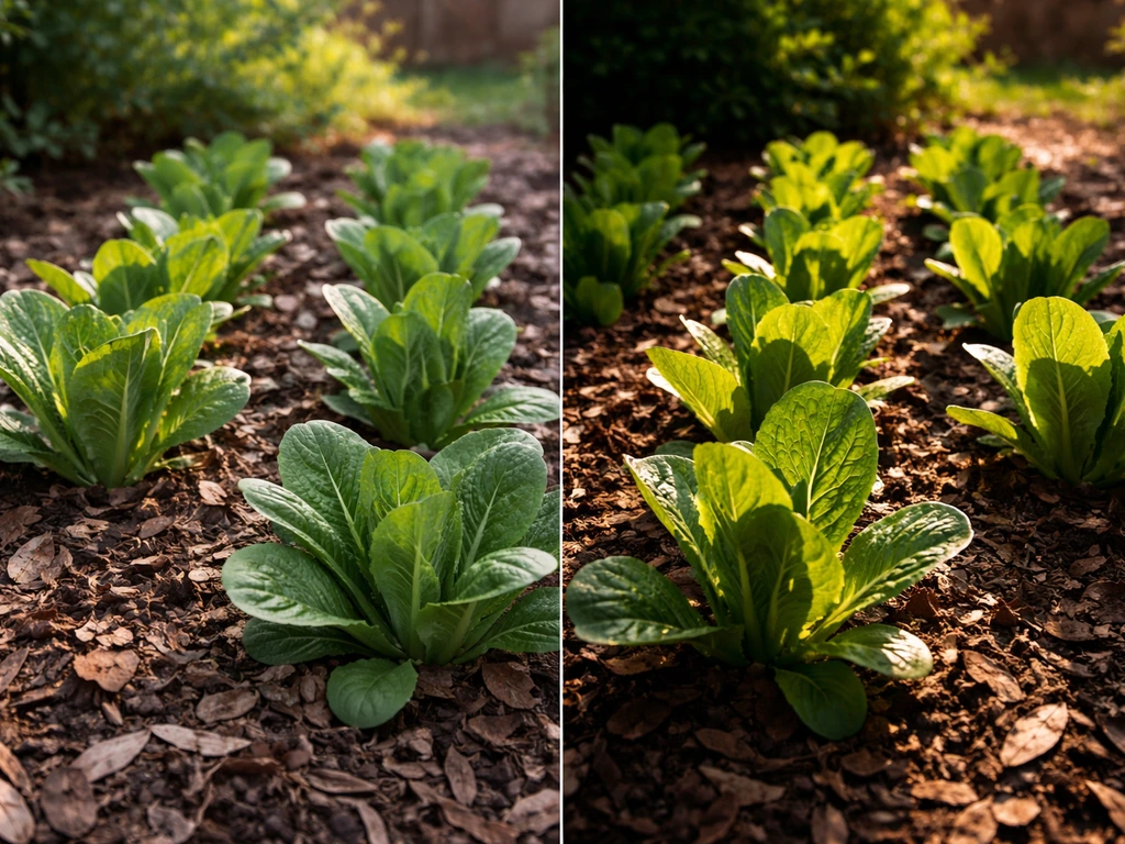 Leafy romaine lettuce beds in morning sun with a warmer, harsher afternoon light contrast effect.
