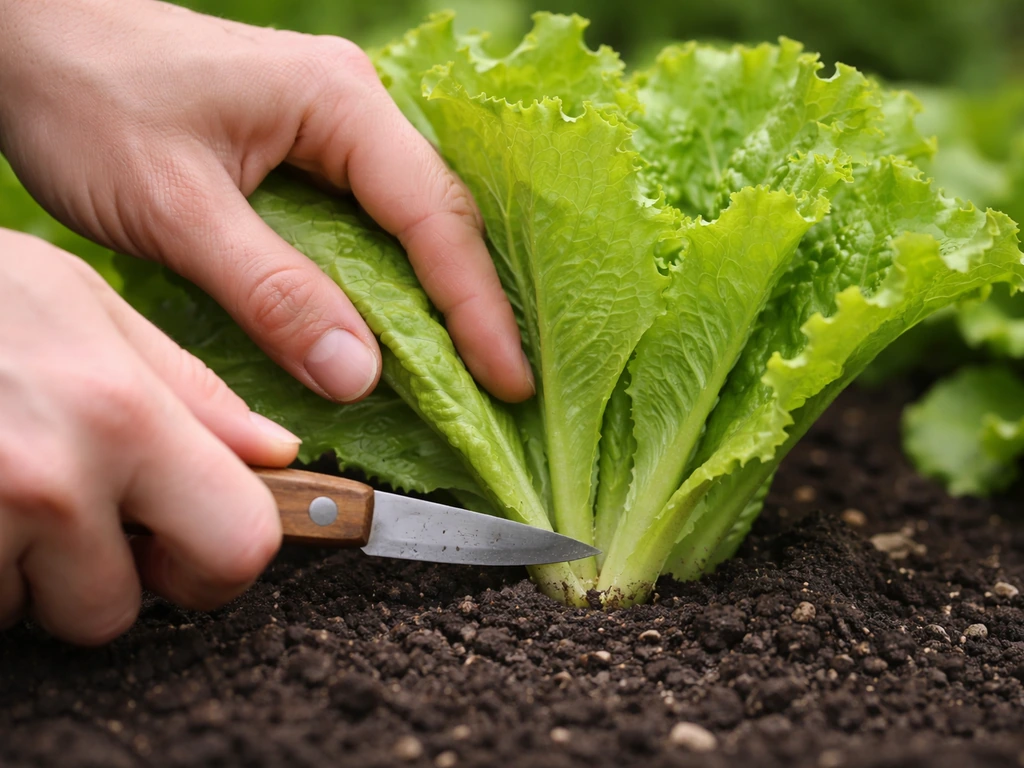Hands cutting outer lettuce leaves with a small knife just above the soil