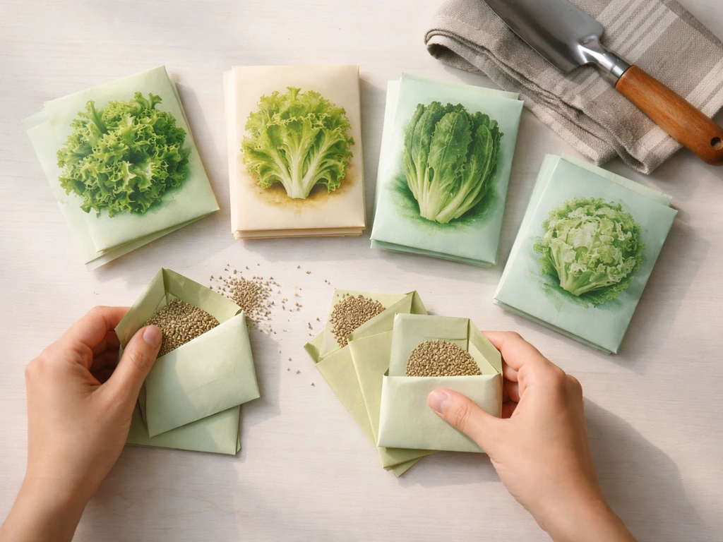 Anonymous hands arranging seed packets representing four lettuce types on a kitchen table.