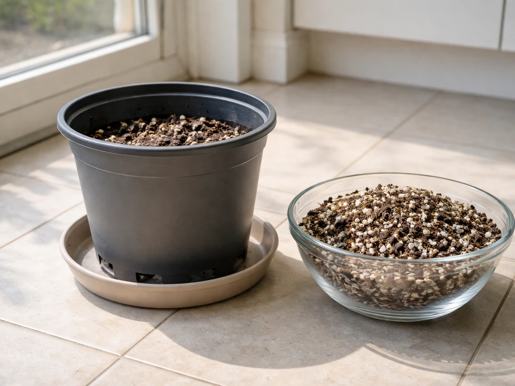 A potted container with drainage holes, potting mix, perlite, and a shallow drainage tray on a floor.