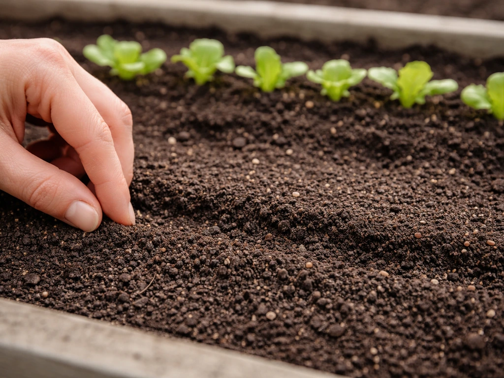 Close-up of lettuce seeds pressed shallow into soil with evenly spaced seedlings after thinning.
