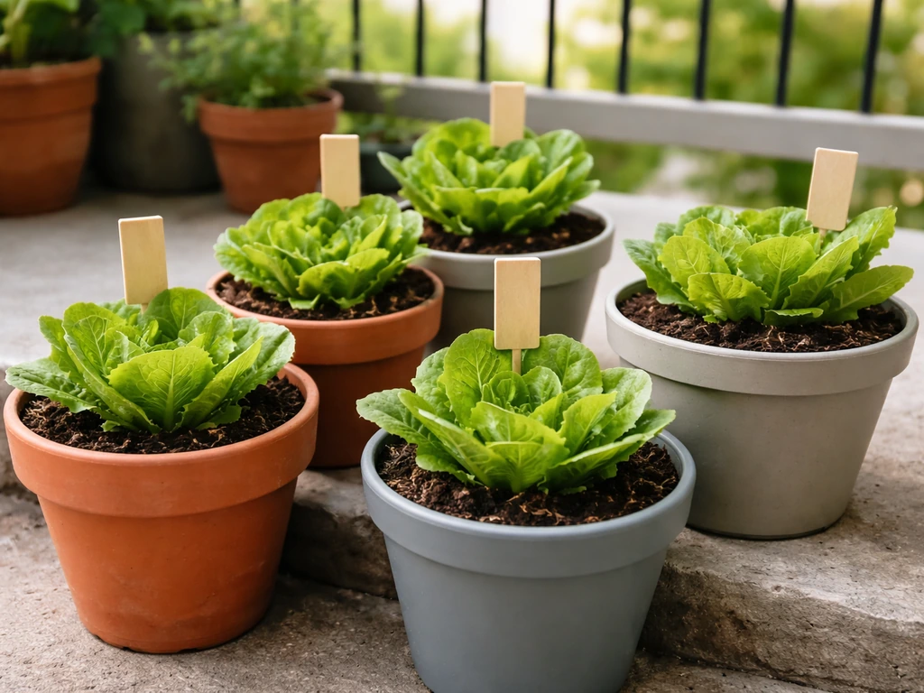 Compact cos lettuce heads growing in pots on a sunny patio with blank plant stakes.