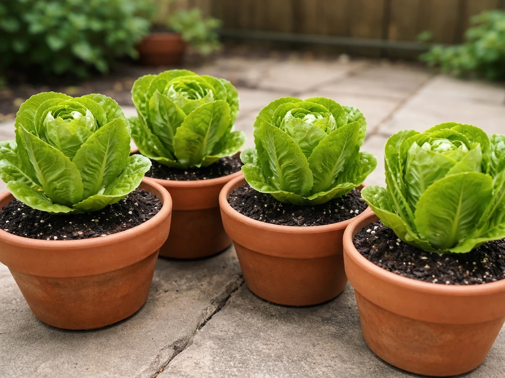 Four compact cos lettuce heads in separate small terracotta pots, side-by-side for size comparison.