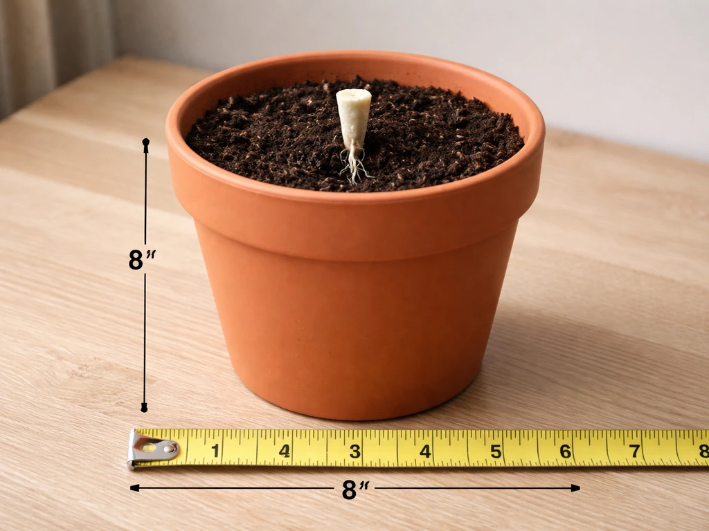 8-inch-deep, 8-inch-wide pot with a measuring tape beside it, showing root depth placement.