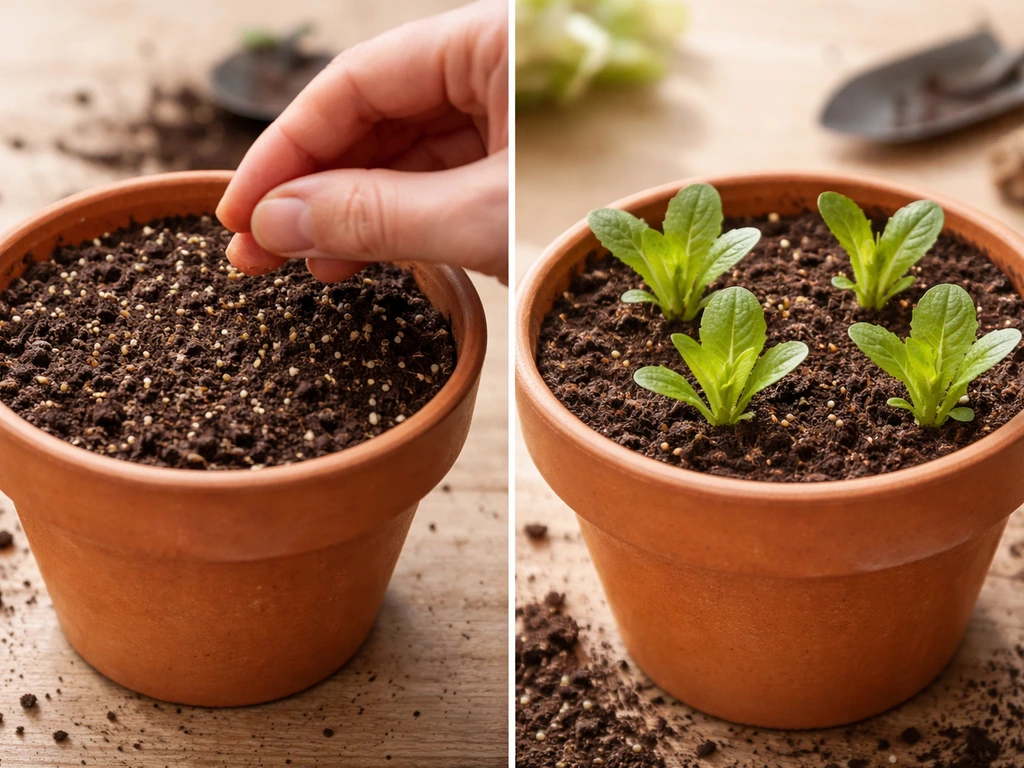 Split view of lettuce seeds being sown in a pot and young romaine seedlings ready for transplant