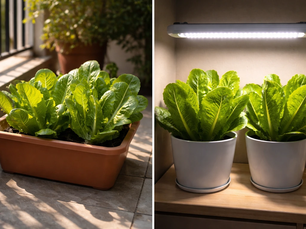 Split scene showing outdoor cos lettuce in partial afternoon shade and indoor lettuce under an LED grow light.