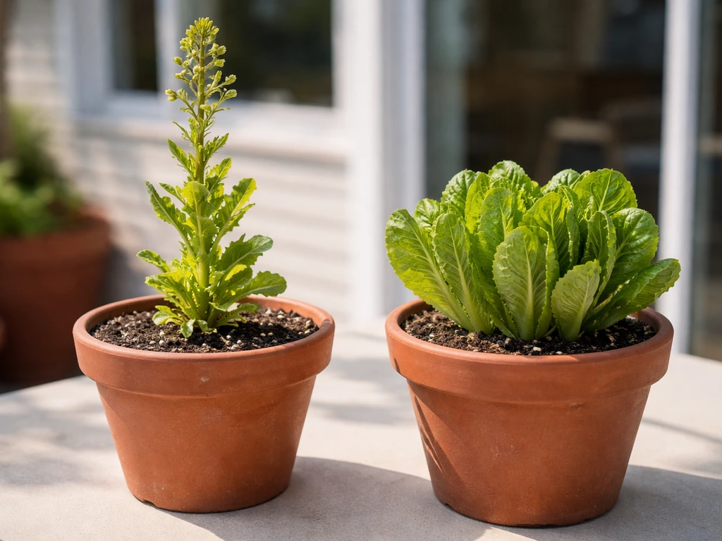 Two cos lettuce plants in pots—one bolting with a tall flower stalk, the other compact and healthy.