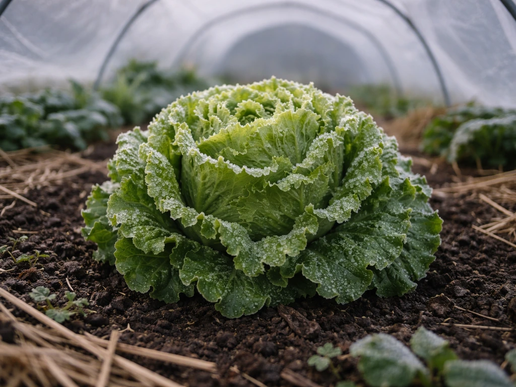 Dense winter lettuce head growing in a cold garden bed under a low row cover.