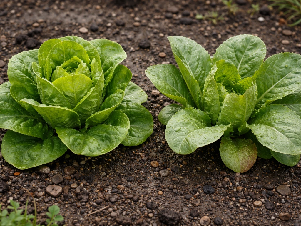 Side-by-side lettuce plants in a garden bed: one with a dense semi-upright head, one looser in growth