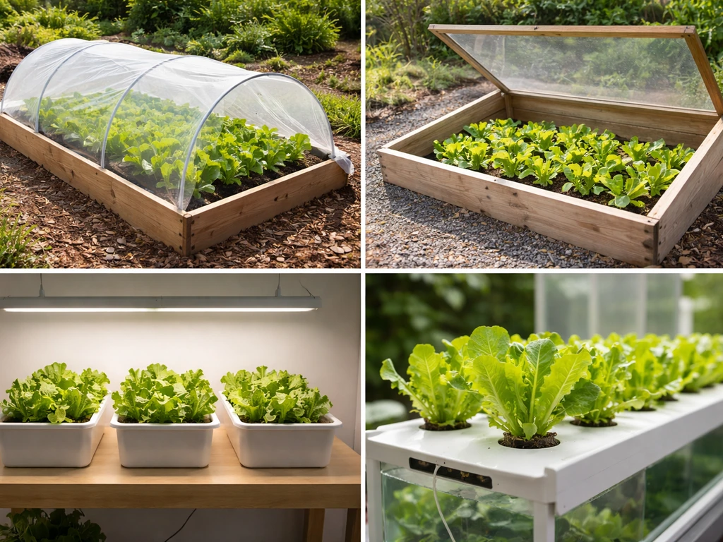 Four-panel photo showing raised bed with row cover, cold frame, indoor grow lights, and simple hydroponics for lettuce.