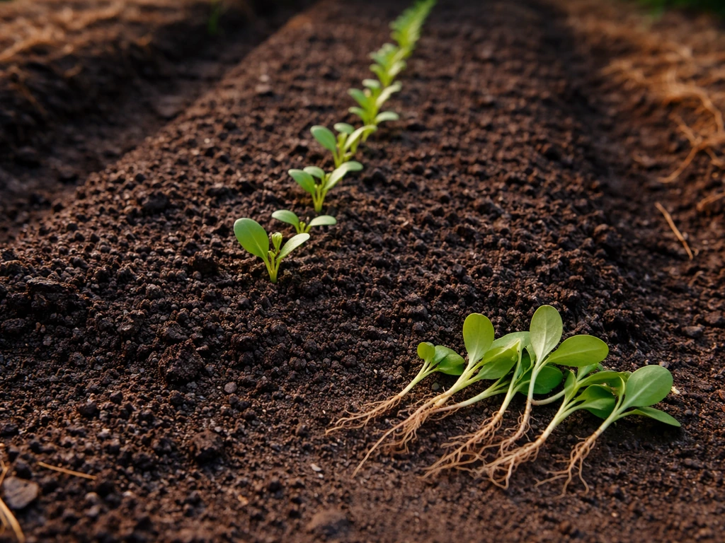 Evenly spaced young seedlings in a garden bed with removed thinning plants laid beside the soil.