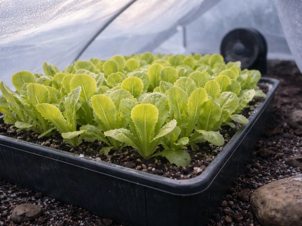 Lettuce seedlings in a small cold-season garden setup with row cover and a gentle fan for temperature stress
