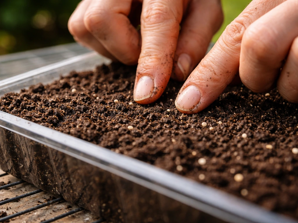 Close-up of lettuce seeds being gently pressed into moist seed-starting tray soil at shallow depth