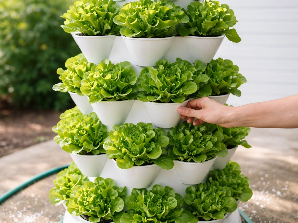 Vertical lettuce tower with leafy greens thriving in stacked pockets under natural light