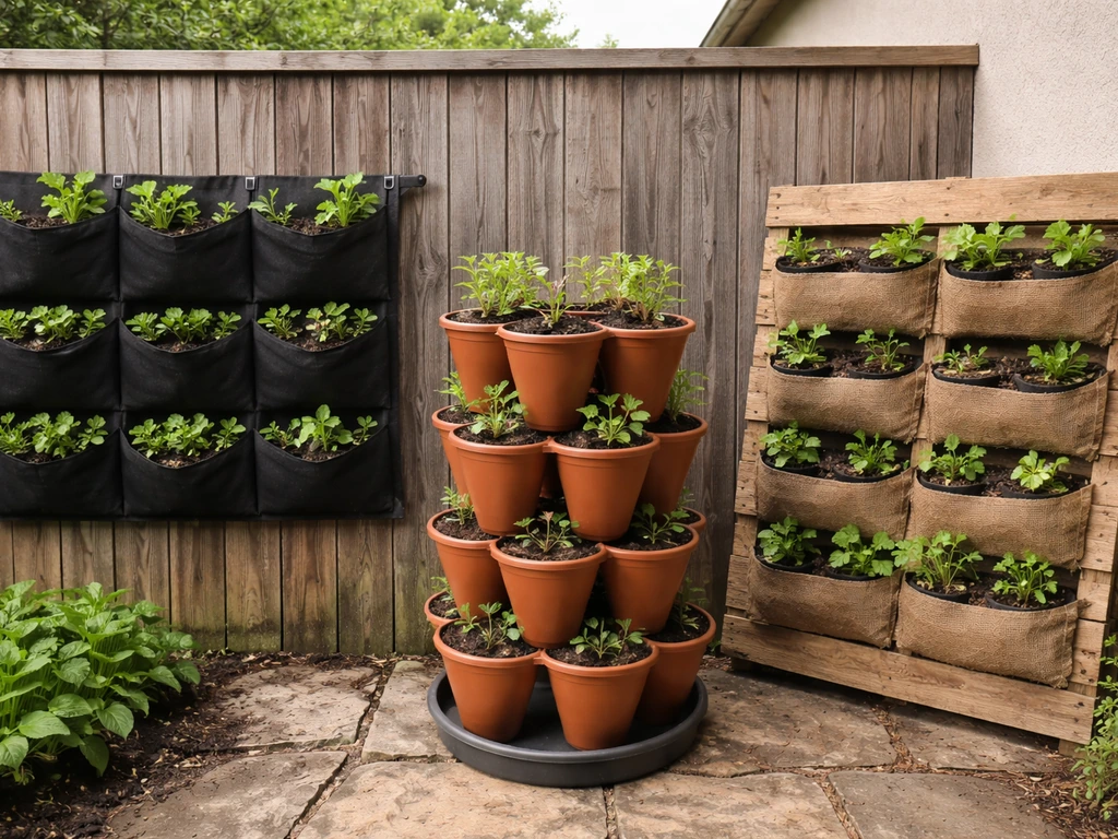 Outdoor patio with three vertical planters: felt pockets on a fence, stacked ring planters, and a pallet frame.