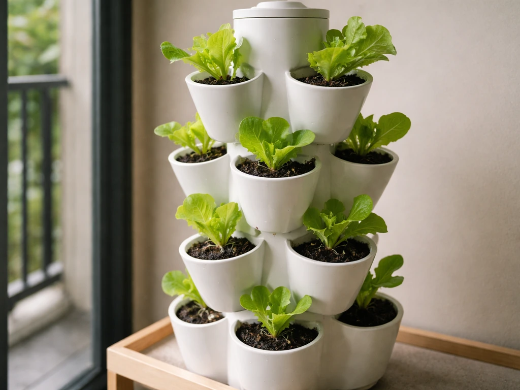 Close-up of a vertical tower planter with staggered pockets filled with lettuce indoors, natural light.