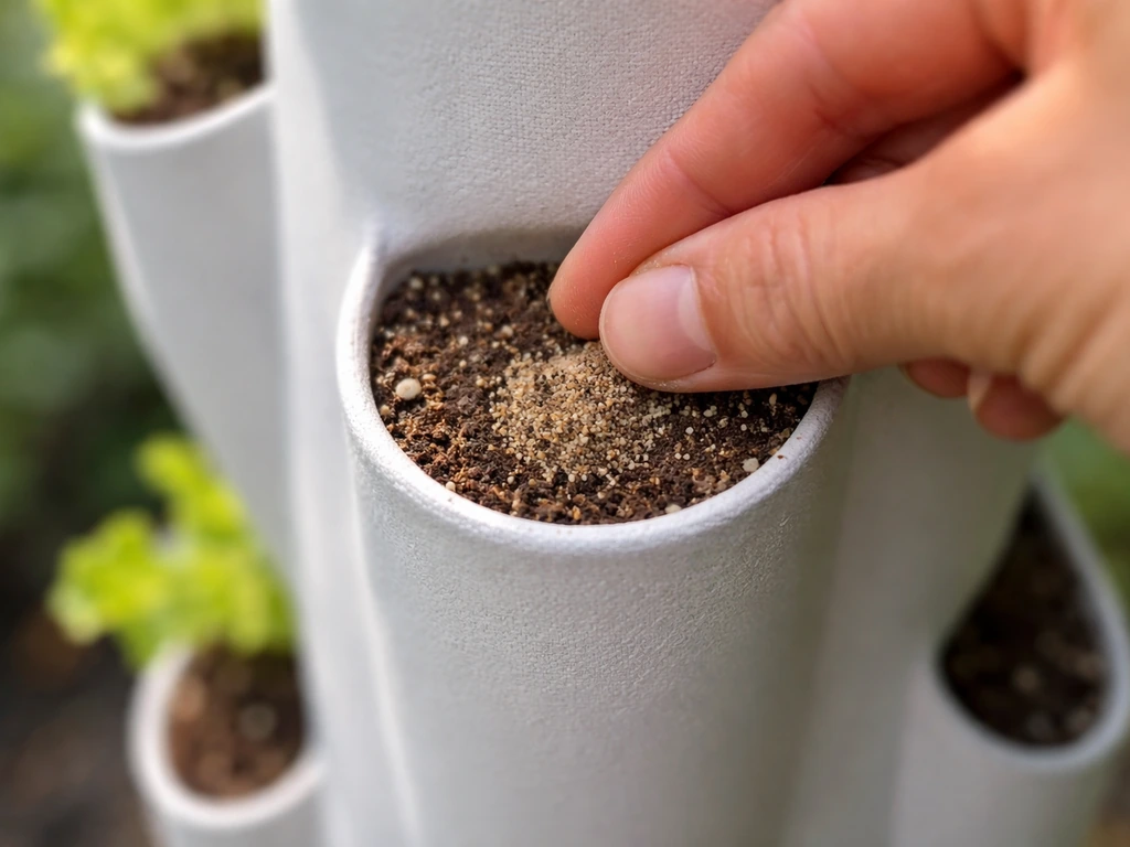Lettuce seeds lightly covered in a vertical pocket/tower hole with a shallow planting depth.