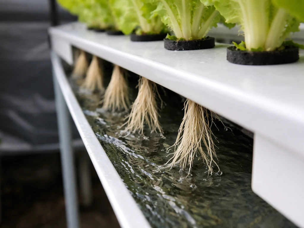 Close-up of hydroponic NFT channel with lettuce roots and a thin nutrient film flowing over them.