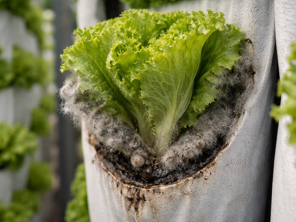 Gray fuzzy mold on lettuce leaves and base in a vertical hydroponic pocket setup.
