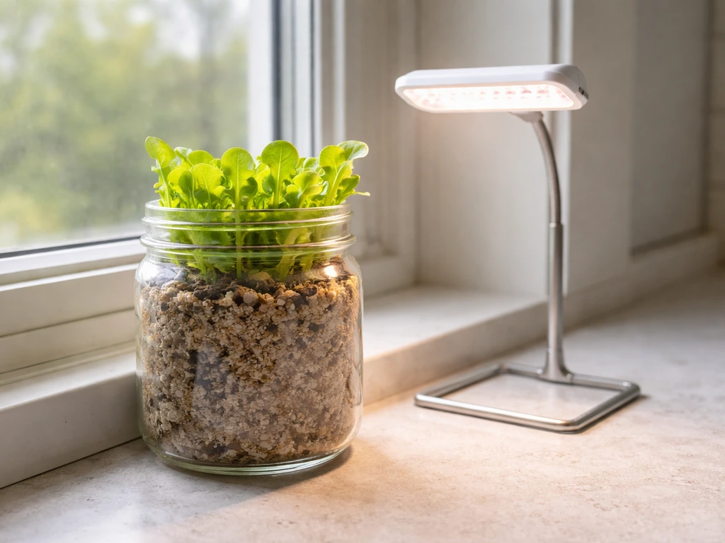 Wide-mouth mason jar with thriving lettuce seedlings on a kitchen windowsill under a small LED grow light