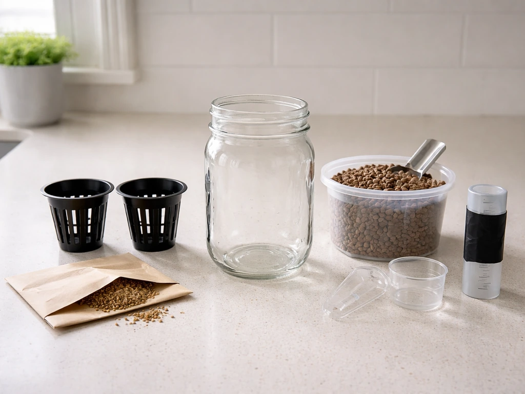 Neatly arranged hydroponic starter supplies: wide-mouth mason jar, net cups, seeds, growing medium, and measuring tool
